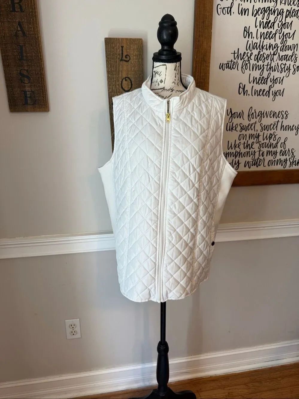 Kim Rogers Women's Full Zip Quilted Ribbed Side Lined Puffer Vest White Size XL